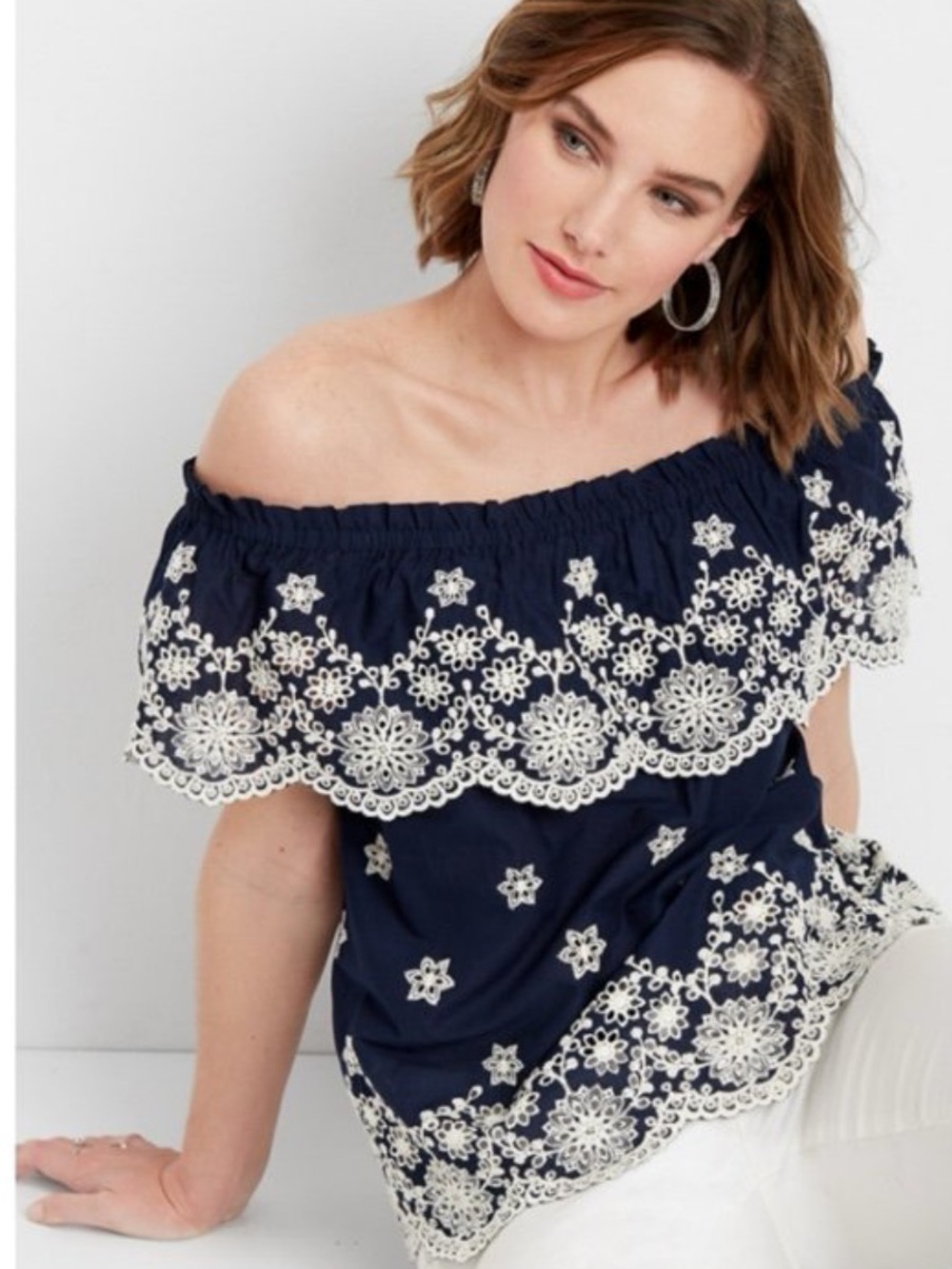 Maurice’s Plus Size Navy Blue Peasant Embroidered Off The Shoulder Top 2x